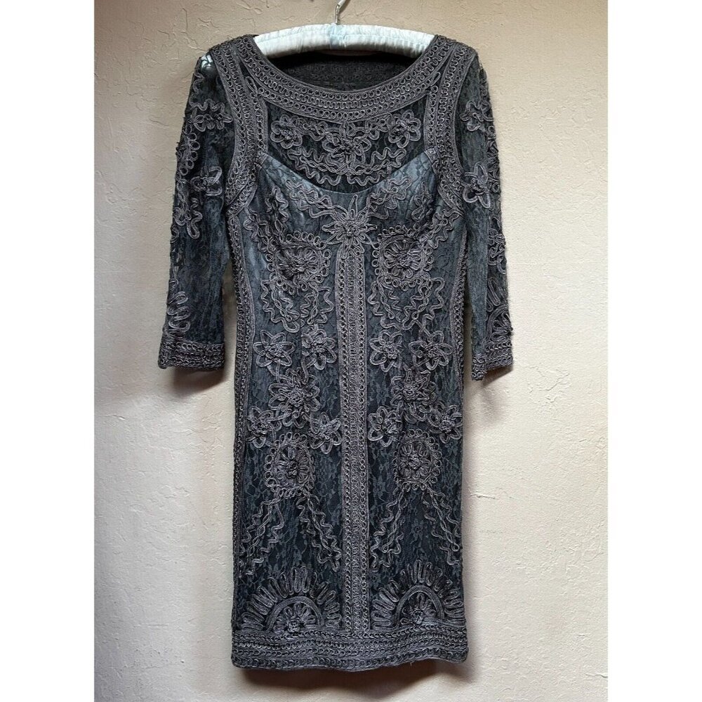 SUE WONG Macrame Illusion Sheath Cocktail Formal Dress Sz 10 Black Designer New